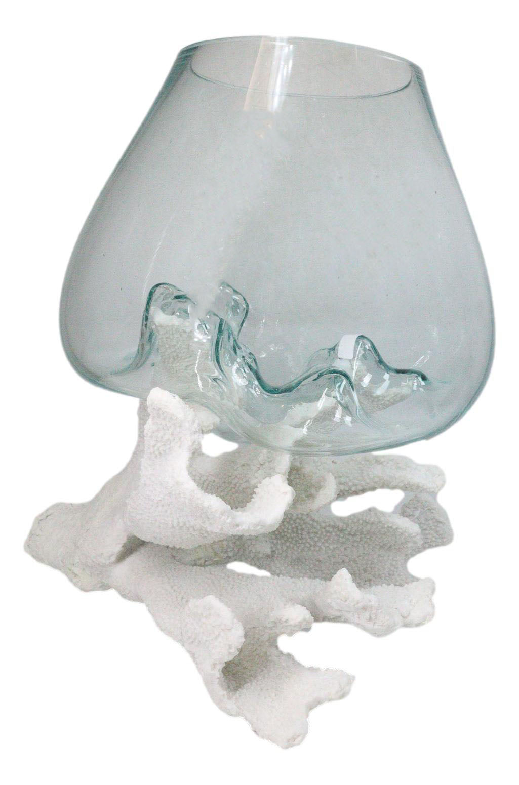 Marine Hand Made White Coral Polyps With Molten Glass Terrarium Bowl Large 15H"