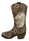 Western Wild Horse with Floral Scrollwork Faux Wood Cowboy Boot Vase Holder