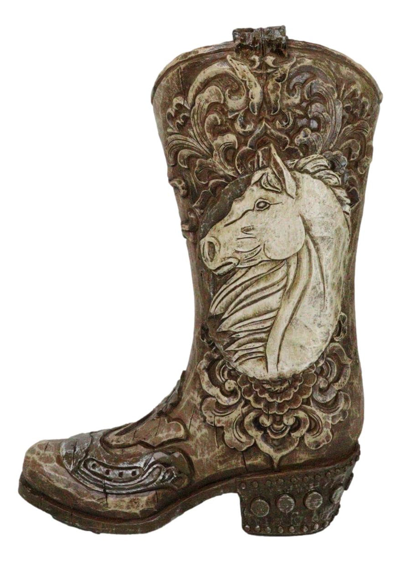 Western Wild Horse with Floral Scrollwork Faux Wood Cowboy Boot Vase Holder