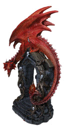 Medieval Red Dragon On Gothic Cathedric Tomb With Skulls LED Fire Flame Figurine