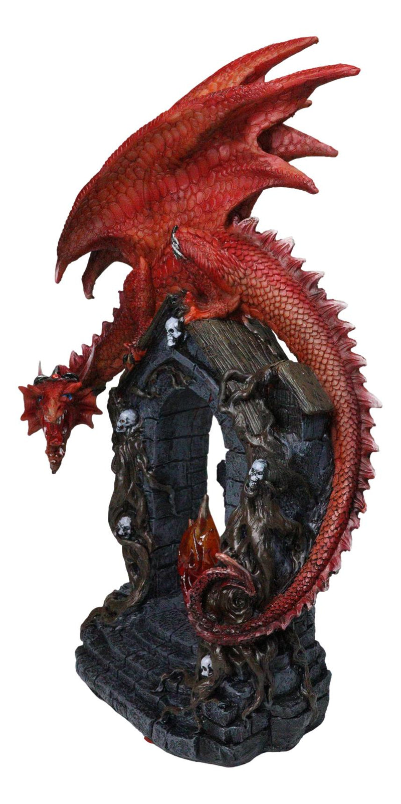 Medieval Red Dragon On Gothic Cathedric Tomb With Skulls LED Fire Flame Figurine