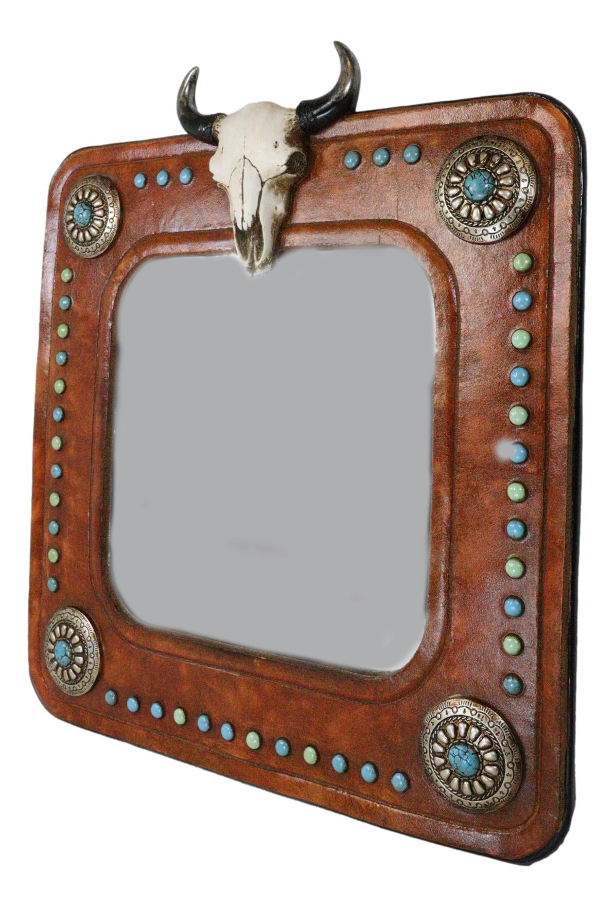 Rustic Western Bull Cow Skull And Turquoise Silver Conchos Faux Leather Mirror