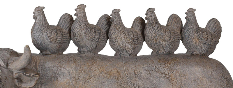 Rustic Vintage Farmhouse Chickens Hens Marching On Holstein Cow Back Figurine
