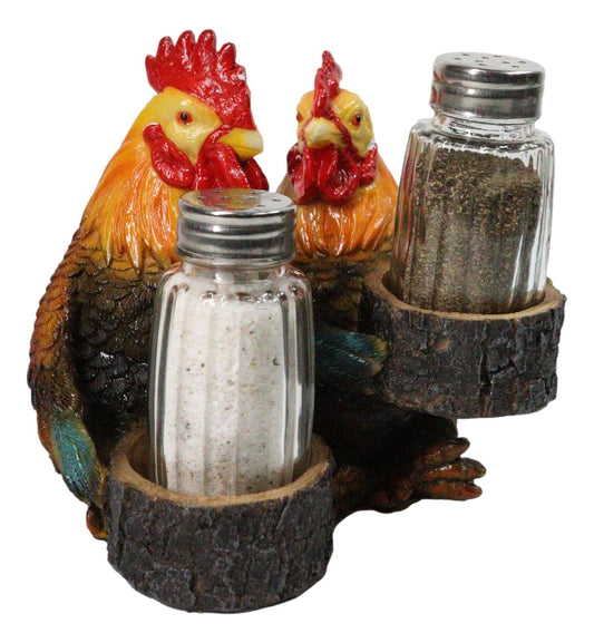 Rooster & Hen Salt and Pepper Shaker Holder Country Rustic Farmhouse Chicken