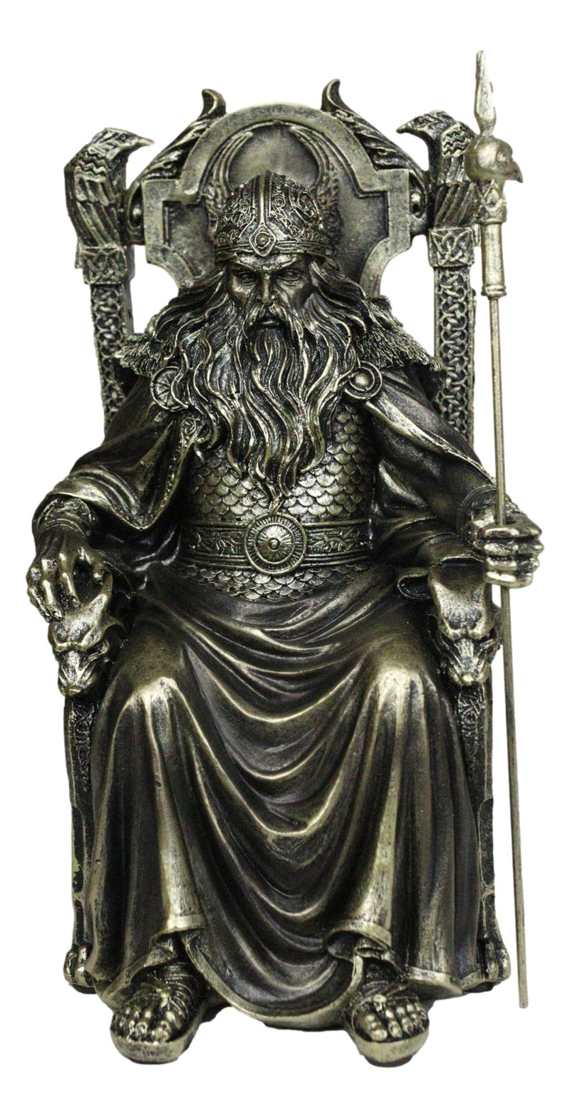 Norse Viking Odin The Alfather Sitting On A Throne with Raven Spear Statue