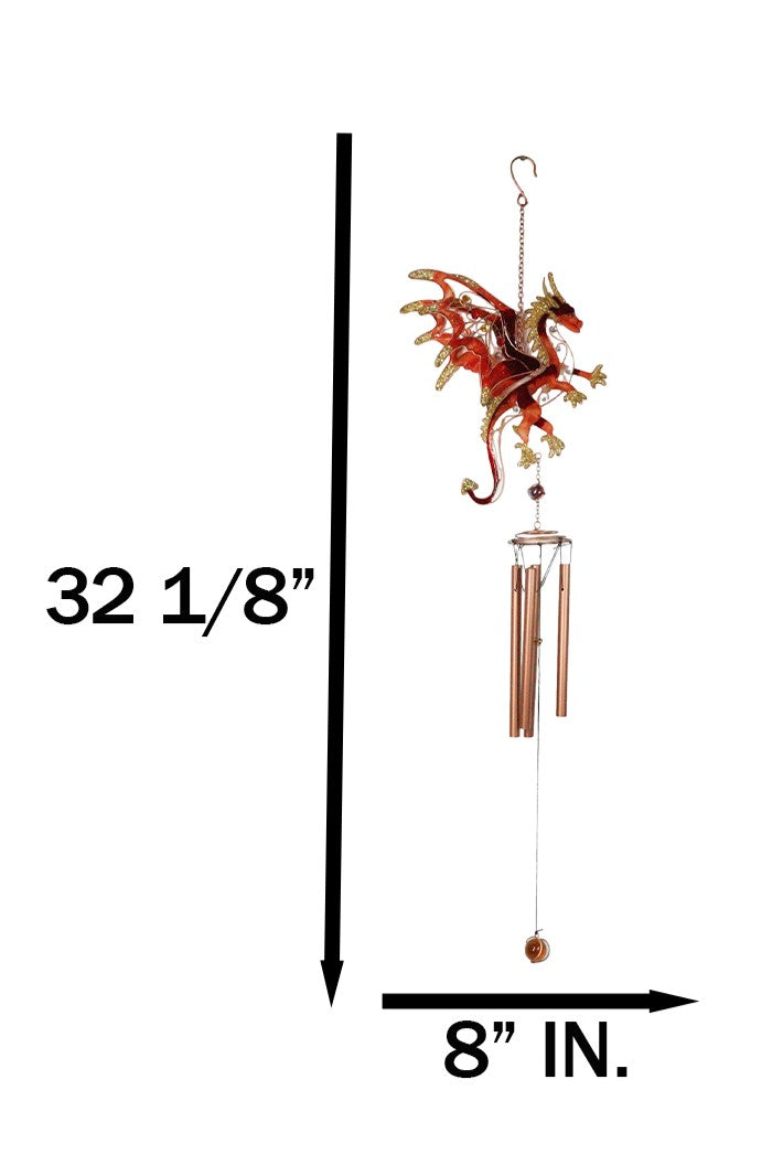 Medieval Fantasy Red Gold Fire Dragon Cross Art Glass Gemstones Metal Wind Chime