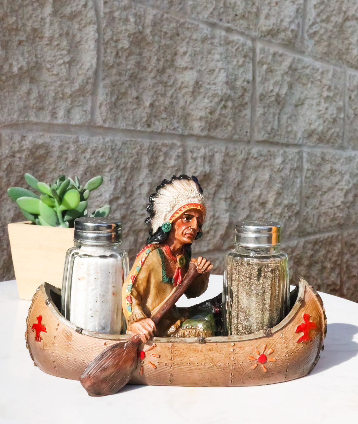 Native American Indian Chief In Canoe Boat Salt and Pepper Shaker Holder Set