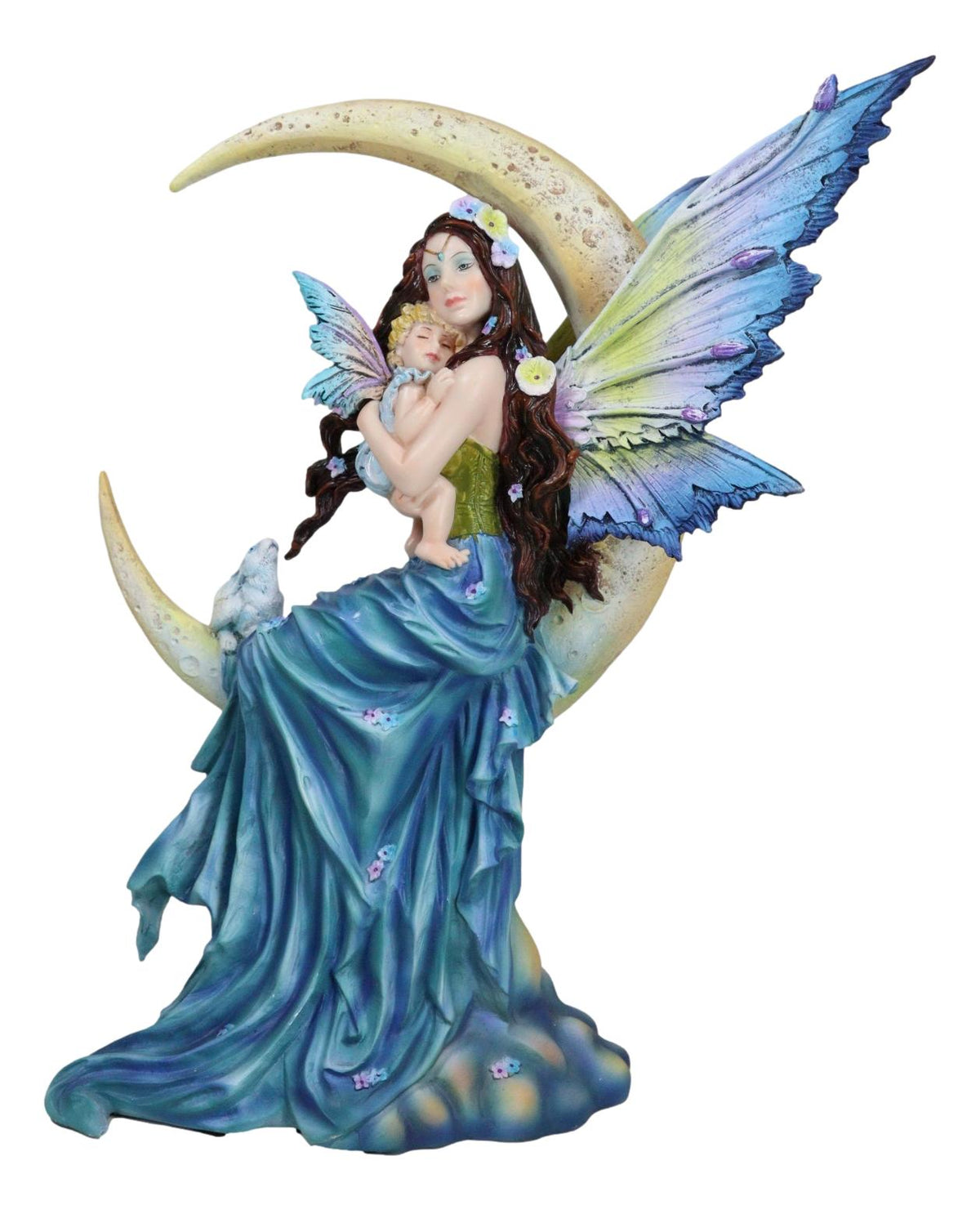 Crescent Moon Lullaby Mother Fairy in Blue Gown Embracing Her Child Baby Statue