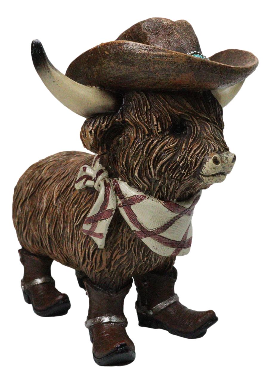 Western Scottish Highlands Cattle Cow Turquoise Rock Cowboy Hat Boots Figurine