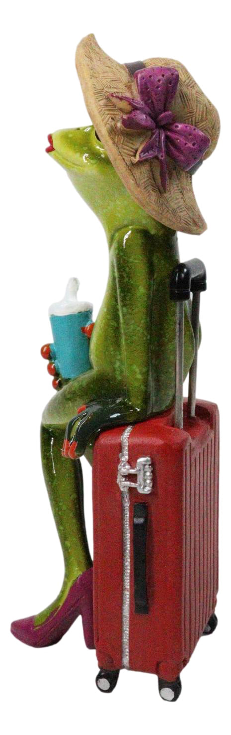 Ebros Frog Lady on Suitcase Beach Hat Red Stilettos Resin Figurine 7.75"