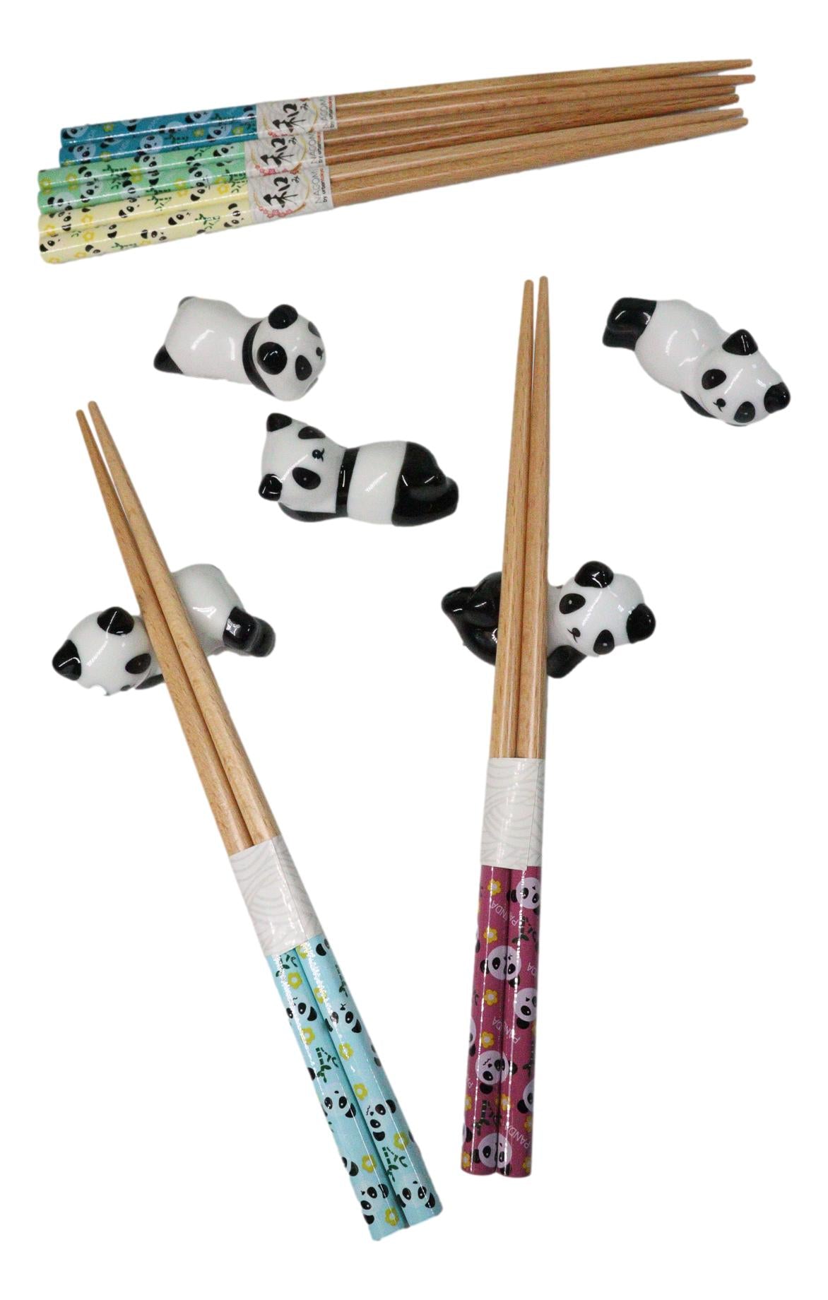 5 Pairs Of Playful Oriental Panda Bears Ceramic Rests With Wooden Chopsticks Set