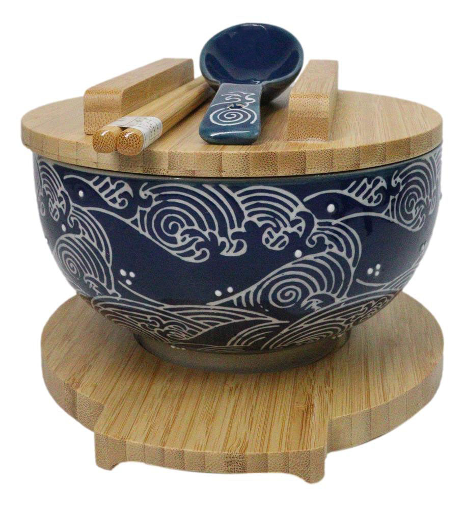 Blue Nami Waves Surf Donburi Ramen Bowl With Lid Trivet Spoon Chopsticks Set