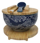 Blue Nami Waves Surf Donburi Ramen Bowl With Lid Trivet Spoon Chopsticks Set