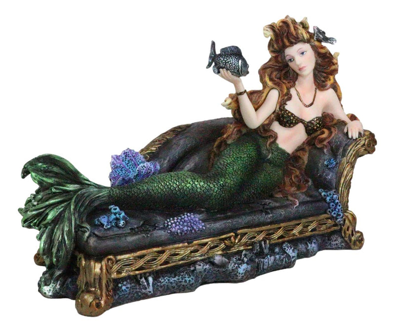 Queen Of Atlantis Siren Mermaid With Fish Resting On Sea Lounge Chair Figurine