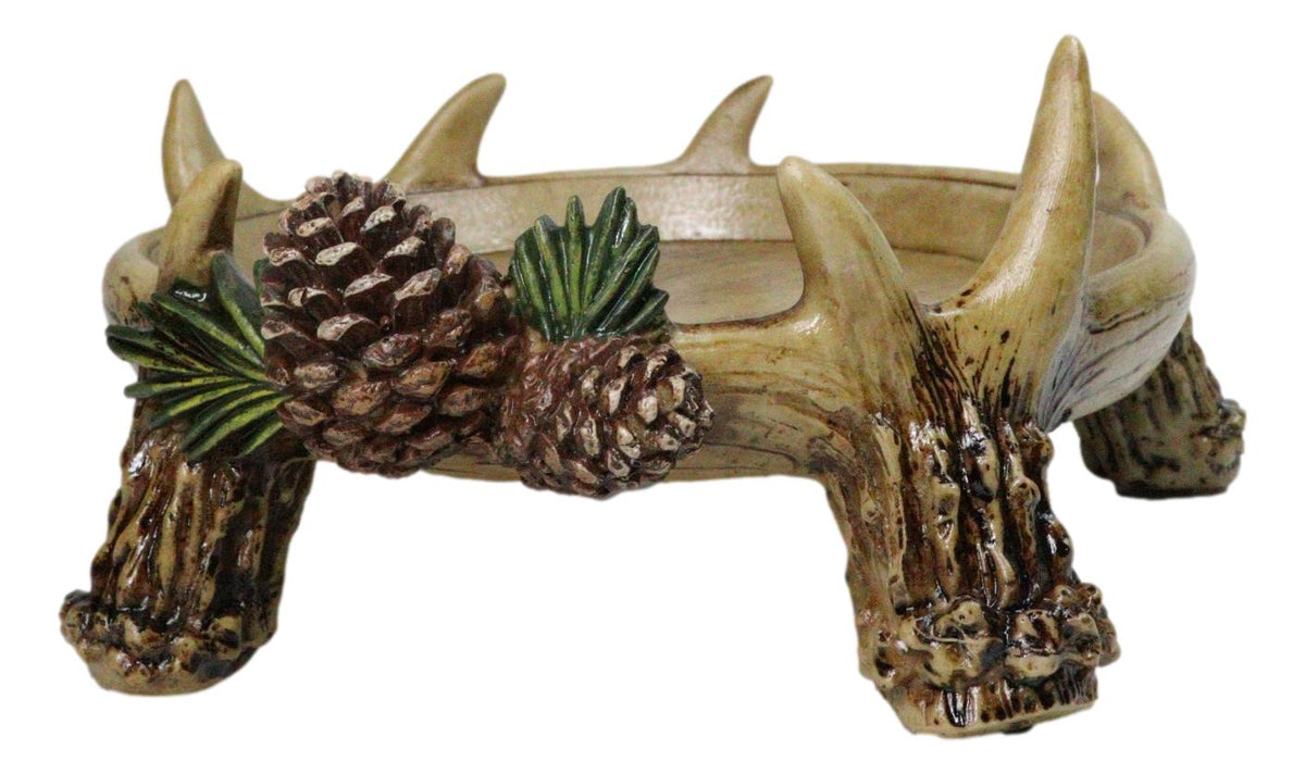 Rustic Deer Antler Tray Dish with Pinecones Woodland Decorative Catchall Bowl