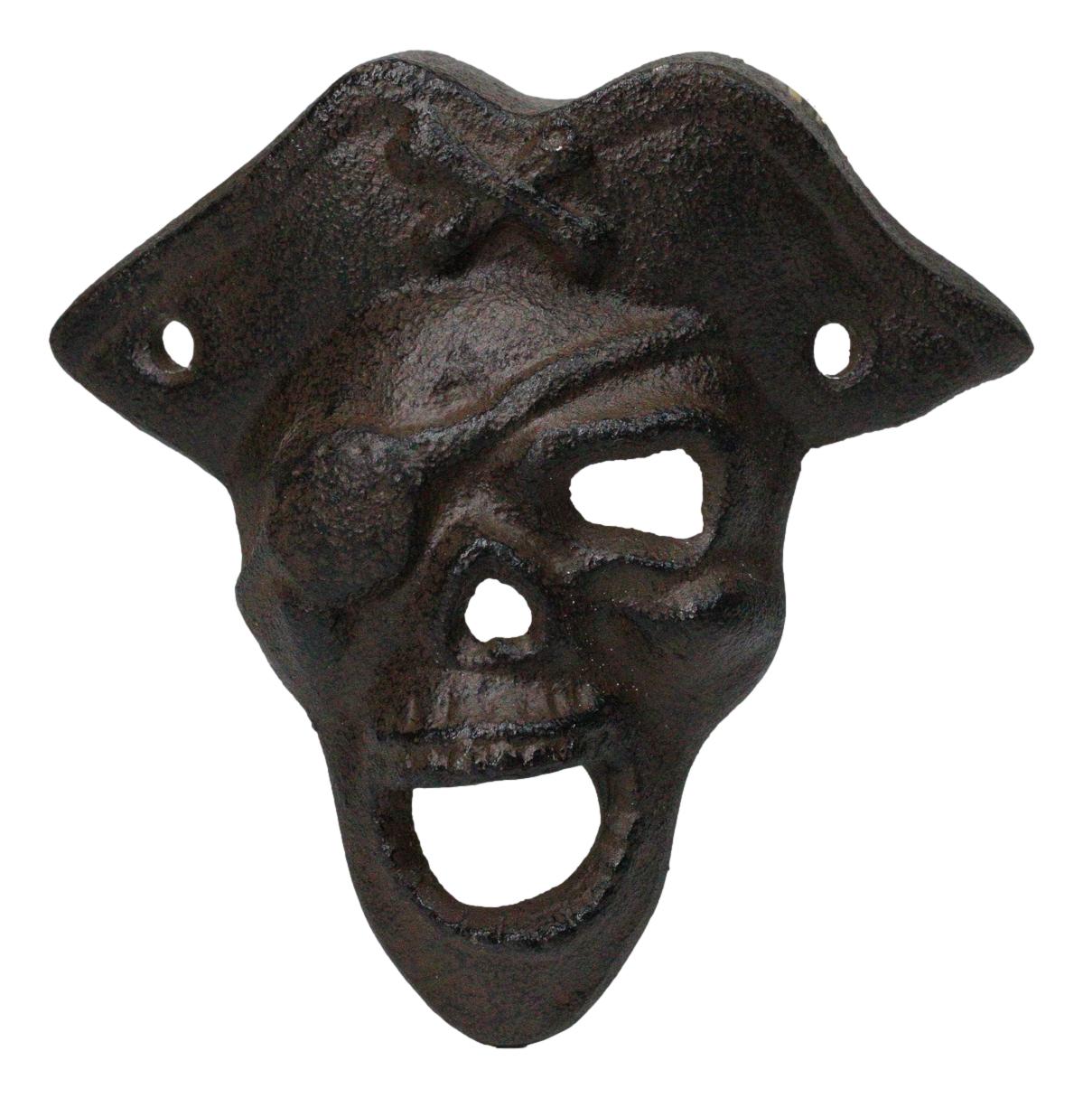 Set Of 2 Rustic Cast Iron Pirate Captain Skull Eye Patch Wall Bottle Openers