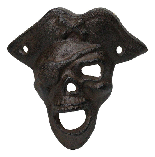 Set Of 2 Rustic Cast Iron Pirate Captain Skull Eye Patch Wall Bottle Openers