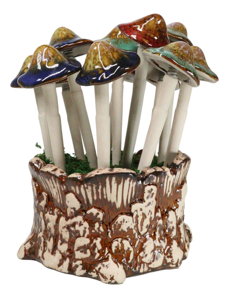 Fairy Garden Colorful 12 Piece Ceramic Mushroom Picks With Planter Holder Set