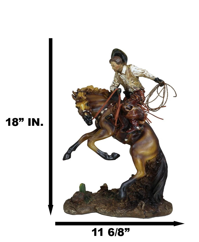Rustic Western Cowboy With Hat And Rope On Rearing Bronco Horse Rodeo Figurine