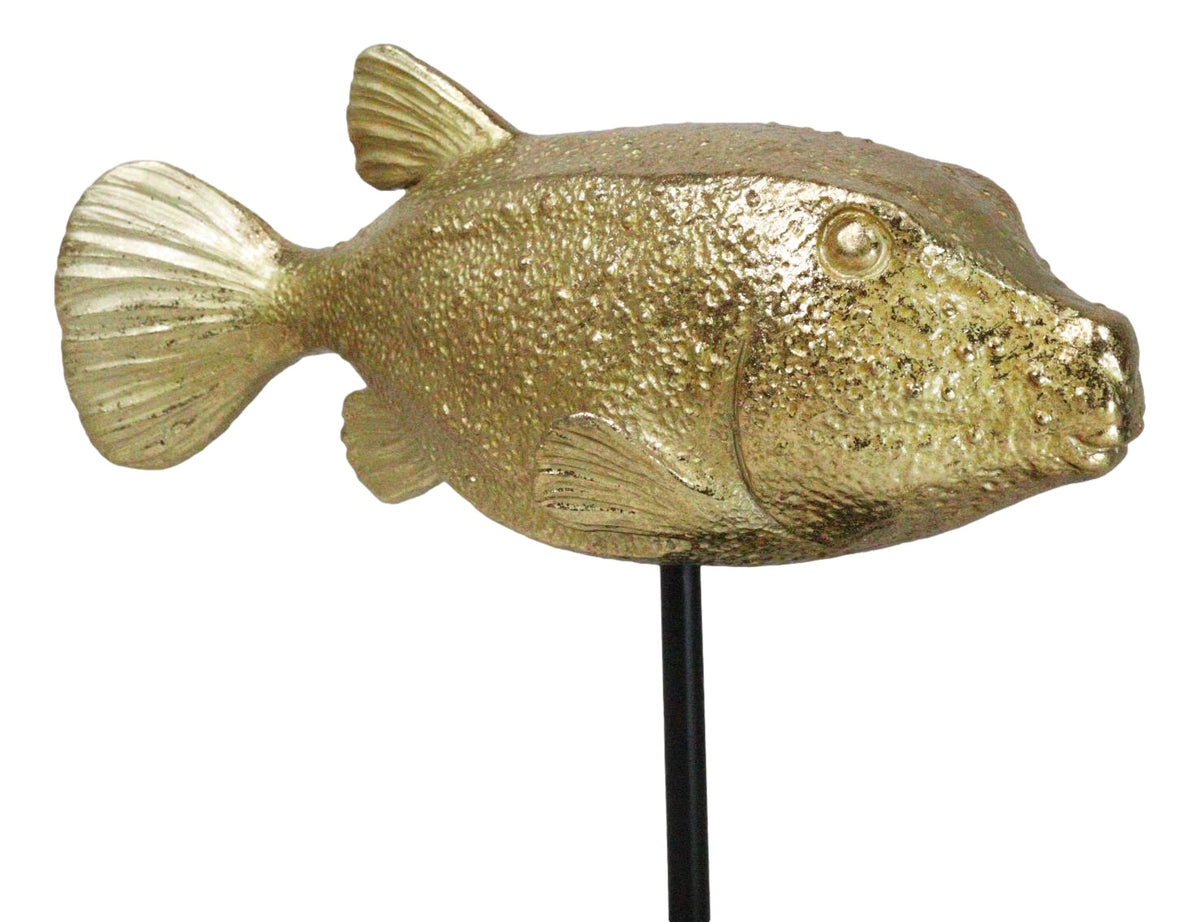 Nautical Marine Gold Tone Yellow Boxfish Fish Sculpture With Museum Pole Stand