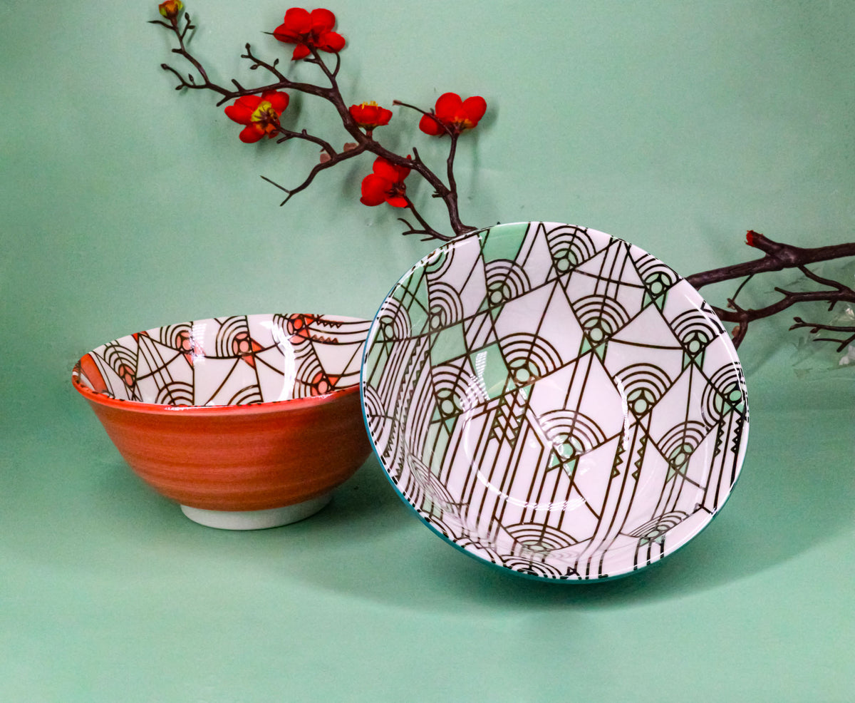 Pack Of 2 Made In Japan FLW April Showers Orange And Green Porcelain Bowls 18oz