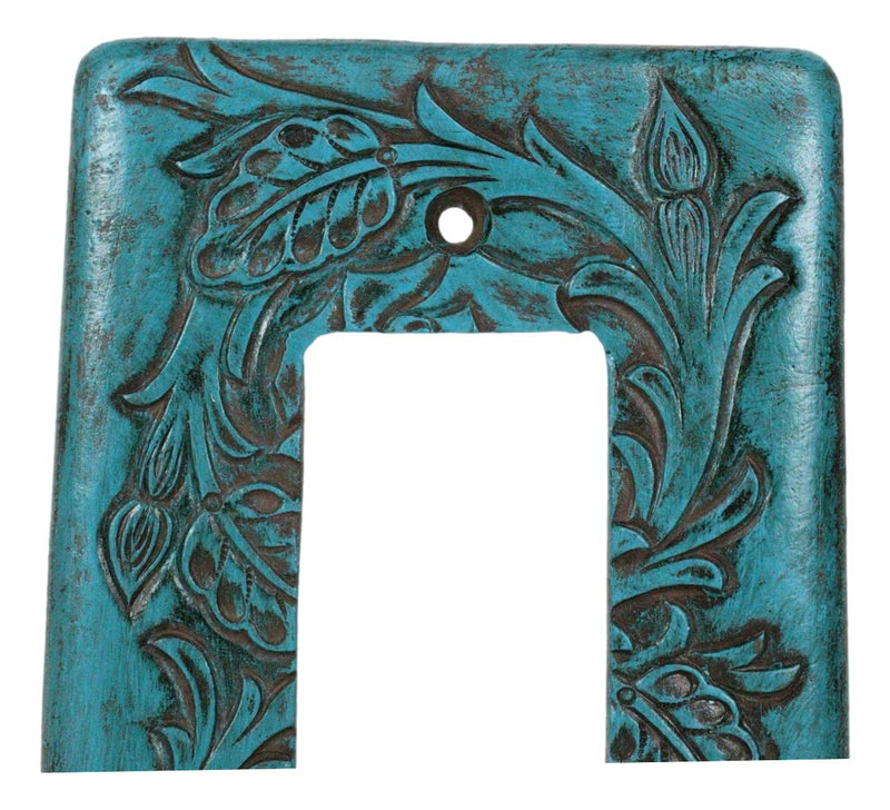 Set of 2 Western Tooled Floral Turquoise Wall Single Gang Rocker Switch Plates