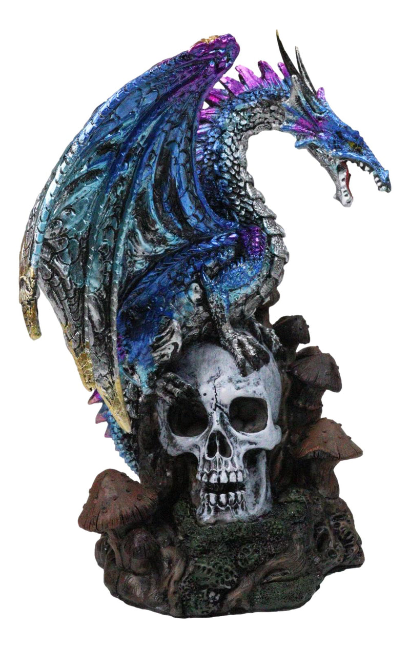Metallic Blue Dragon with Purple Spikes Perching On Oversized Skull Figurine