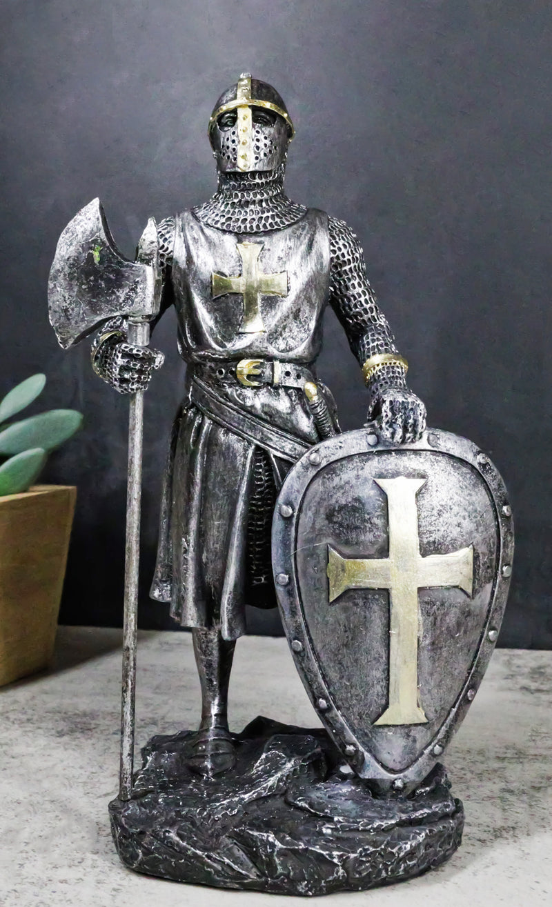 Medieval Suit Of Armor Crusader Knight With Axe And Large Shield Figurine