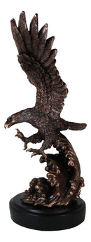 Patriotic Bald Eagle Swooping Into Ocean Waves Bronzed Resin Figurine With Base