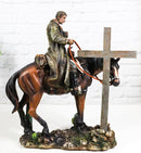 Western Cowboy in Solemn Prayer On Horse By Faded Cross And Cactus Figurine