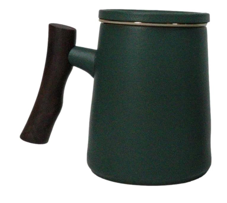 Green 15 Oz Chic Porcelain Tea Mug with Wooden Handle, Lid and Infuser
