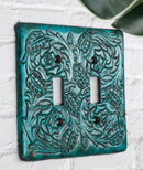 Set of 2 Western Tooled Floral Lace Turquoise Wall Double Toggle Switch Plates