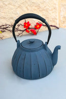 Dark Gray Wide Base Vertical Lines Design Medium Cast Iron Teapot 33oz Tea Pot