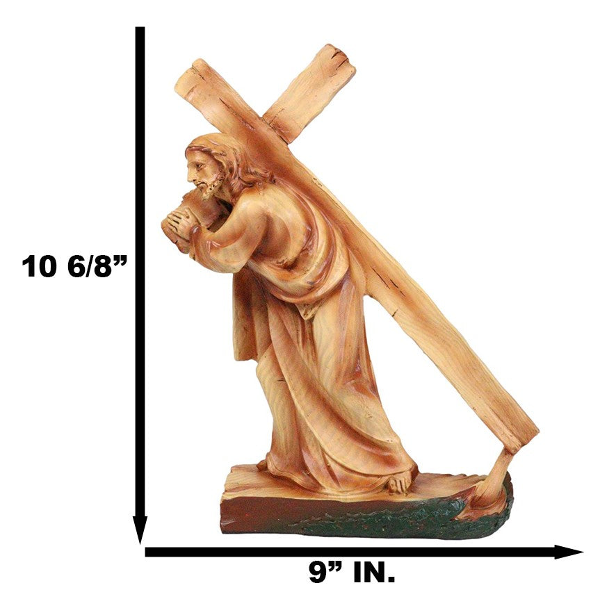 Passion Of Jesus Christ Carrying The Cross In Faux Cedar Wood Finish Figurine