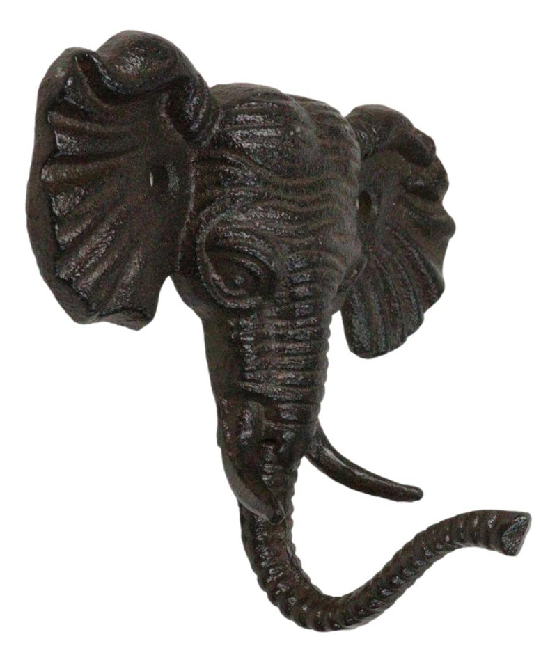 Pack Of 2 Rustic Cast Iron Safari Elephant Trunk Up Wall Hook Hanger Sculpture