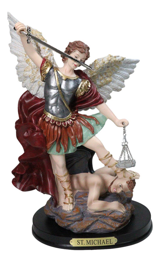Saint Michael Archangel Defeating Satan With Sword And Justice Scales Statue 12.5"