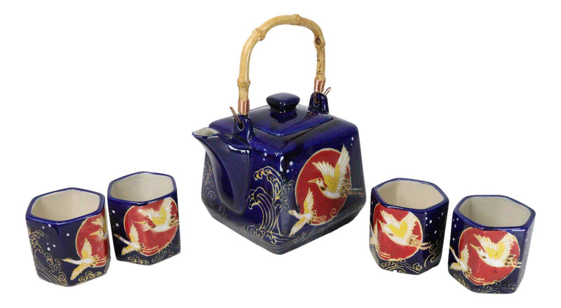 Golden Crane With Red Moon Blue Ceramic Hexagonal Teapot With 4 Tea Cups Set