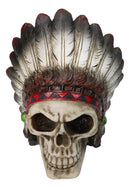 Gothic Native American Chief Skull Figurine with Tribal Feather Headdress 4.5"H