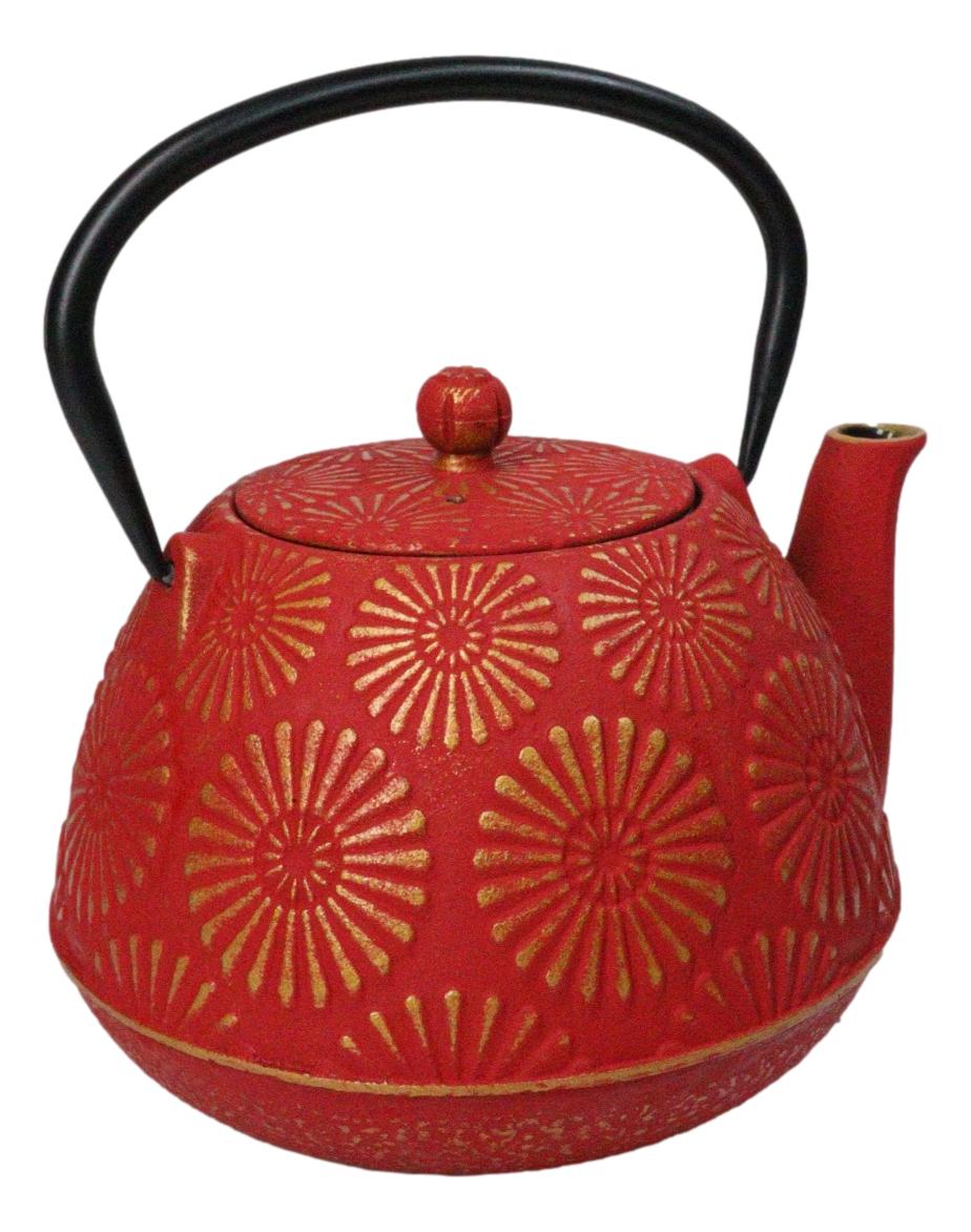 Red Gold Kiku Chrysanthemum Floral Design Large Cast Iron Tetsubin Teapot 40oz