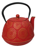 Red Gold Kiku Chrysanthemum Floral Design Large Cast Iron Tetsubin Teapot 40oz