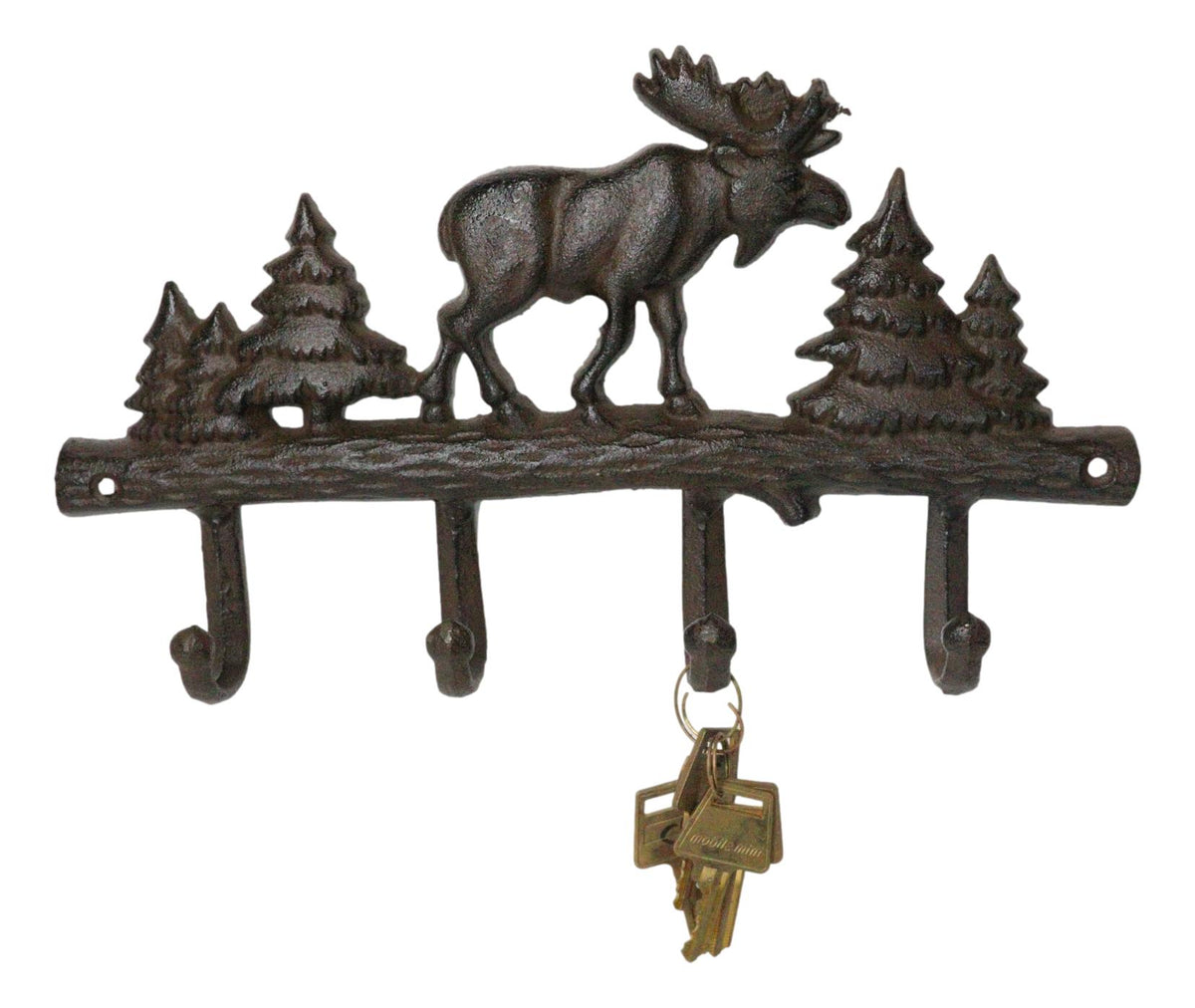 Cast Iron Rustic Western Elk Moose Deer Roaming Pine Woodlands 4-Peg Wall Hooks