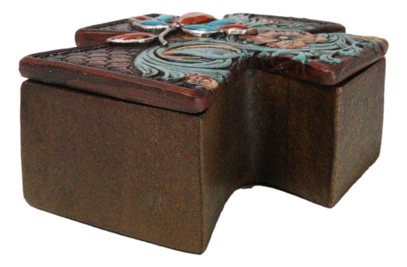 Rustic Western Turquoise Floral Scroll Faux Leather Cross Jewelry Trinket Box