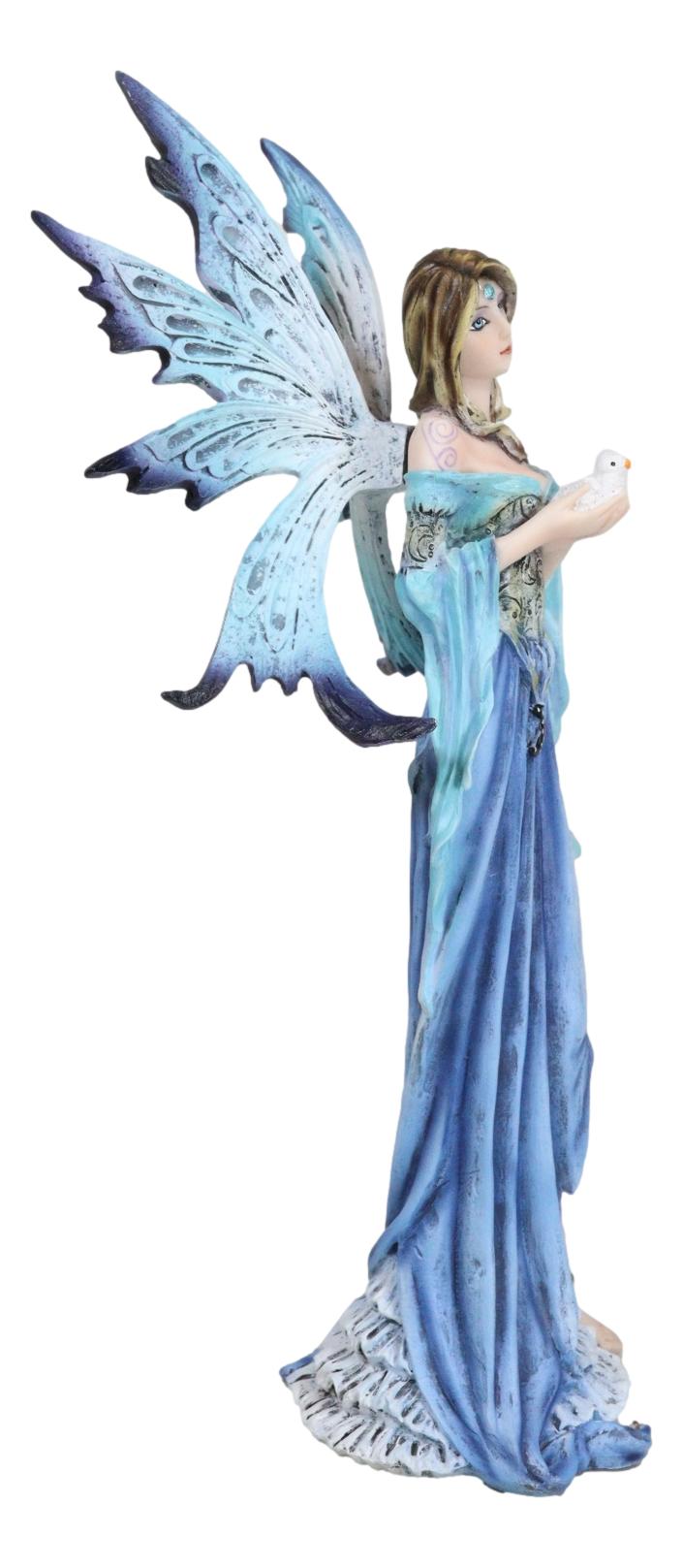 Enchanted Lady Damsel Fairy in Blue Corset Gown Holding Little Bird Figurine