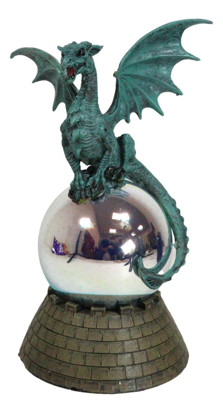 Teal Monarch Dragon Perching On LED Optic Plasma Ball With Battlement Wall Base