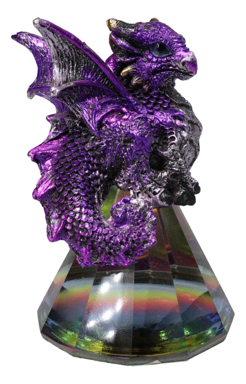 Fantasy Metallic Purple Silver Dragon On Iridescent Pyramid Glass Small Figurine