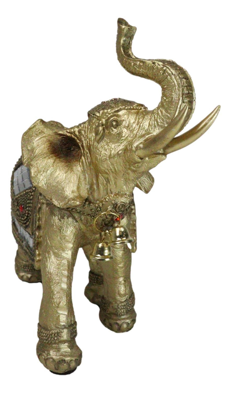 Golden Feng Shui Trunk Up Elephant With Gemstones Bullhook Tapestry Figurine