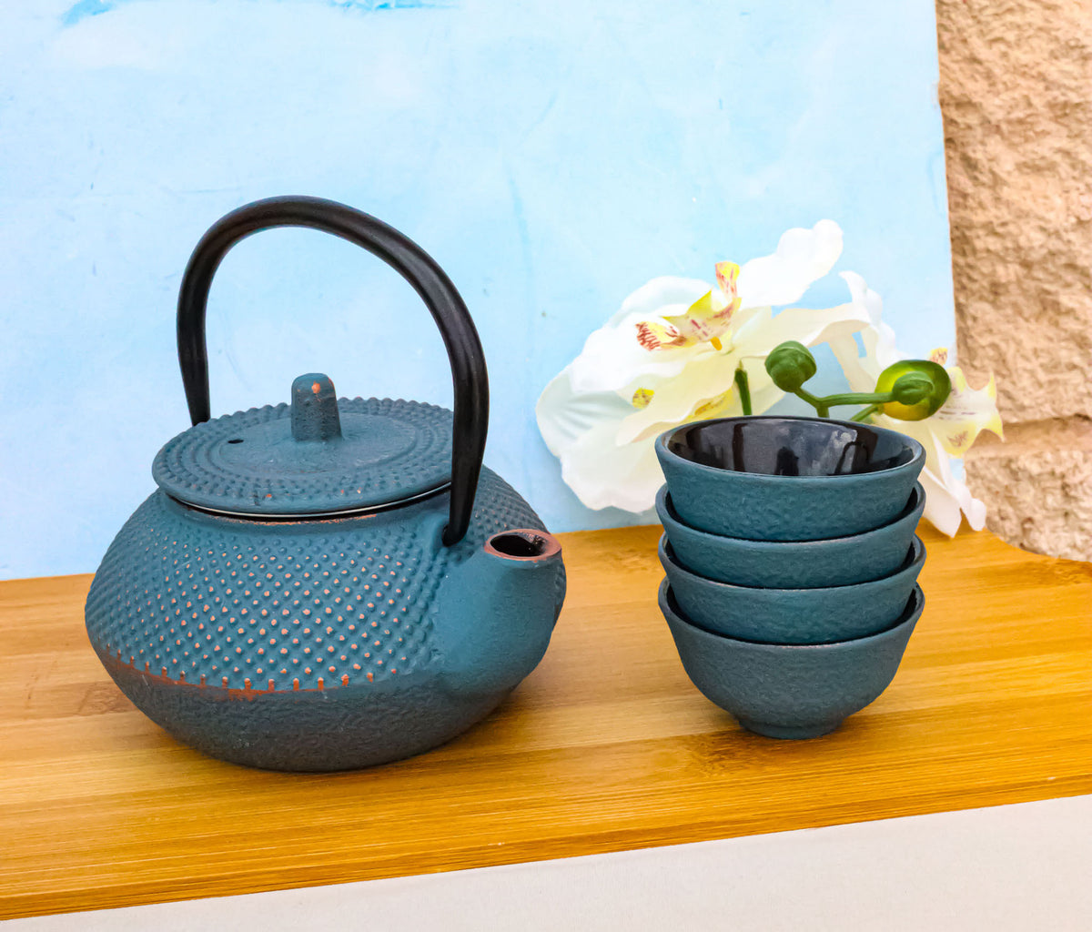 Sky Blue Hobnails Textured Petite Cast Iron Teapot 10oz With 4 Mini Tea Cups Set