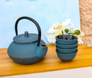 Sky Blue Hobnails Textured Petite Cast Iron Teapot 10oz With 4 Mini Tea Cups Set