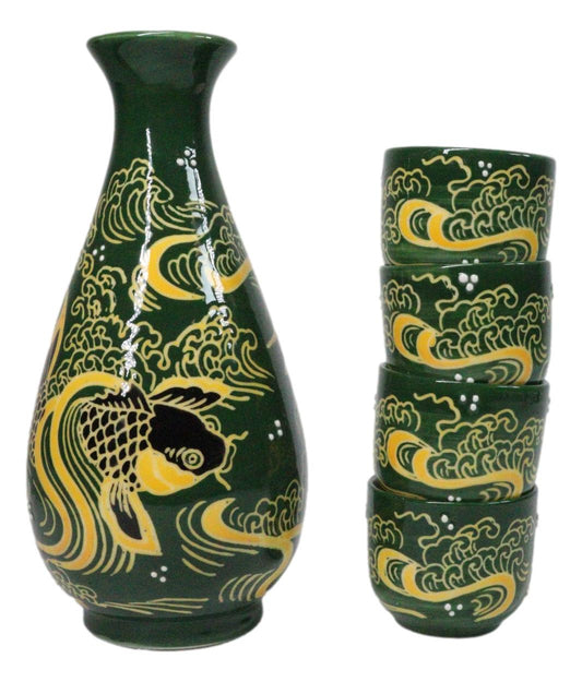 Green Golden Koi Fishes In Water Porcelain Sake Flask And 4 Ochoko Cups Set
