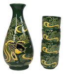 Green Golden Koi Fishes In Water Porcelain Sake Flask And 4 Ochoko Cups Set
